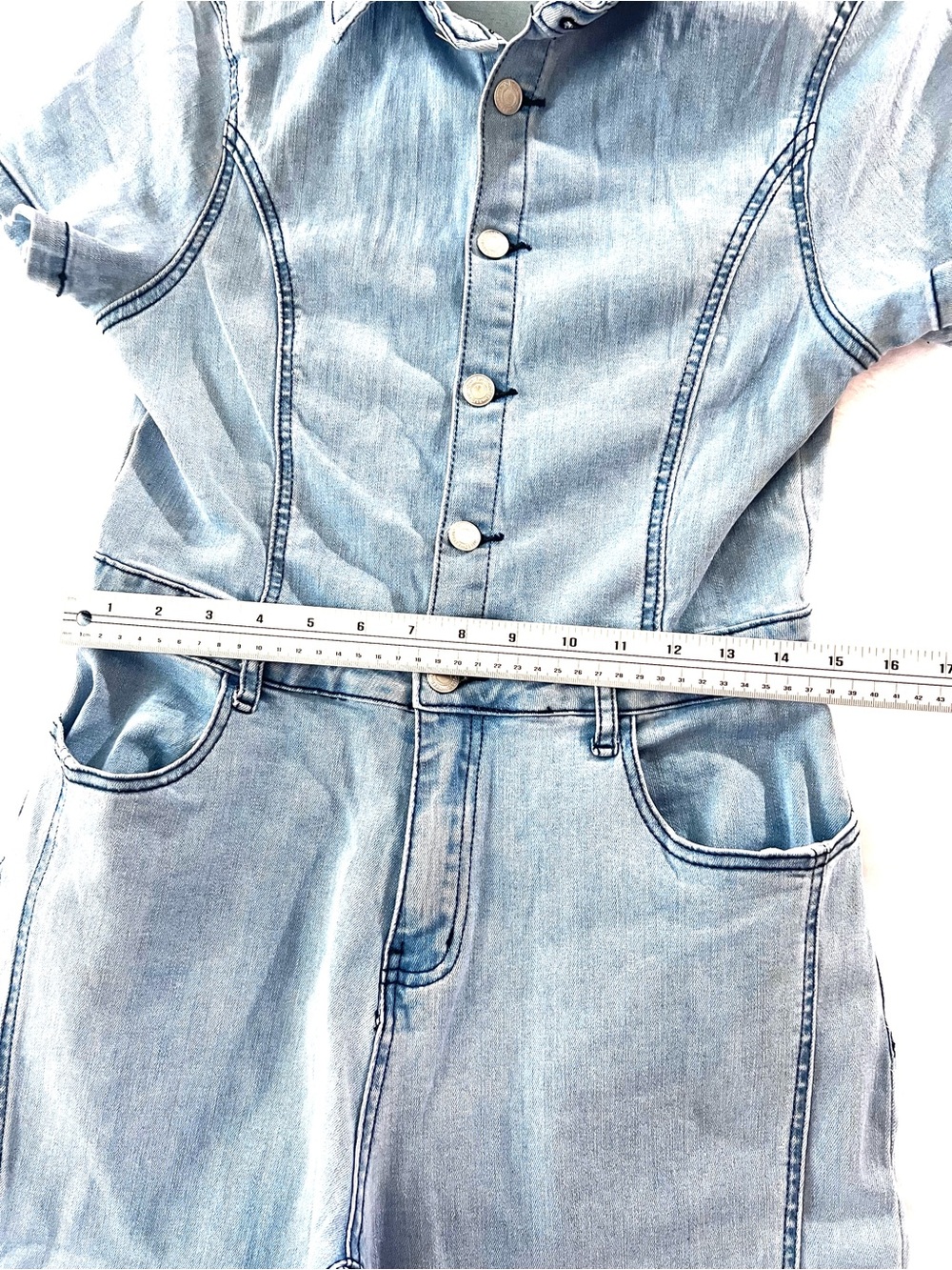 Wisteria Lane Denim Jumpsuit Bell Bottom Boho Western size Large - Picture 7 of 10